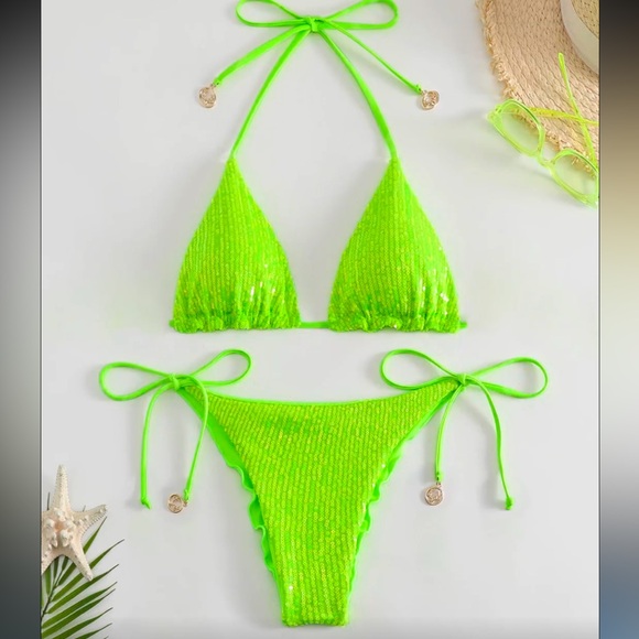 Neon green sequin bikini rave scrunch bottom cheeky booty festival 80’s glow new